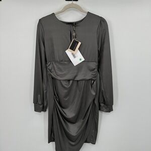 New Vanessa Scott Gray Ruched Sheath Shiny Dress Long Sleeve Keyhole Drape Large